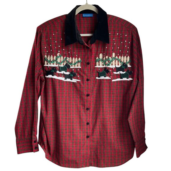 VTG Karen Scott XL Red Plaid Button-Up Shirt Christmas Embroidered Scottie Dogs - Picture 1 of 14